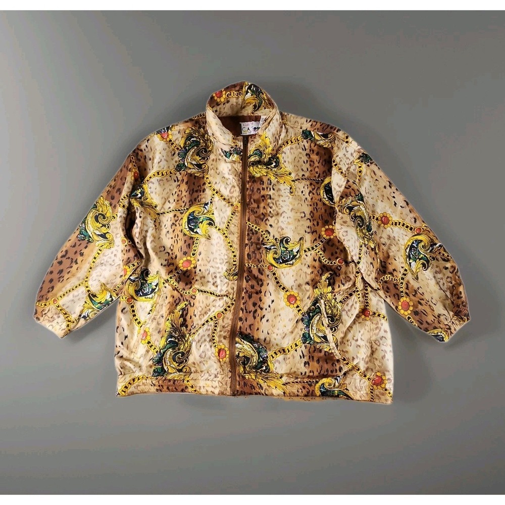 VTG Lady C.A. Sport 100% Silk Baroque Chain Leopard Print Bomber Jacket Women 1X